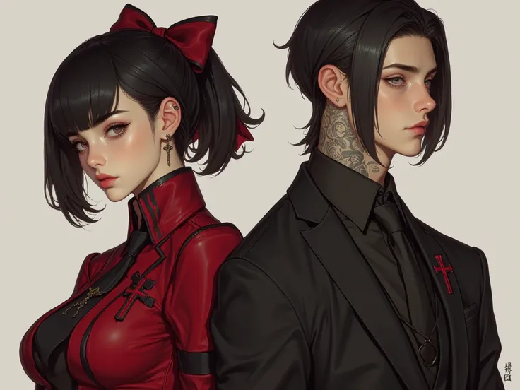 An 18-year-old girl with short black hair tied up, red eyes, wearing a red and black suit and a red and black bow tied in her hair, is an anime mafia, wears cross earrings, and a 29-30-year-old young man with short black hair, long hair in the front and sh...