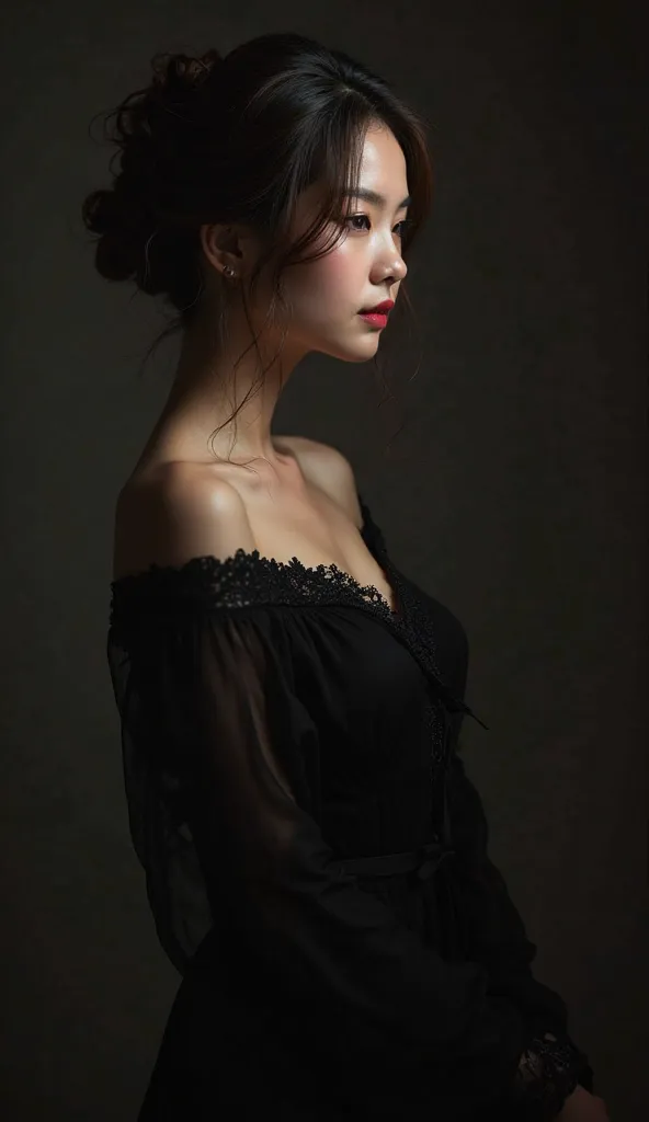 a black off-shoulder evening dress, tailor-made and finely crafted, high-resolution, photo-realistic, chiaroscuro lighting, dramatic shadows, elegant pose, serene expression, detailed facial features, graceful hand gestures, luxurious fabric textures, intr...