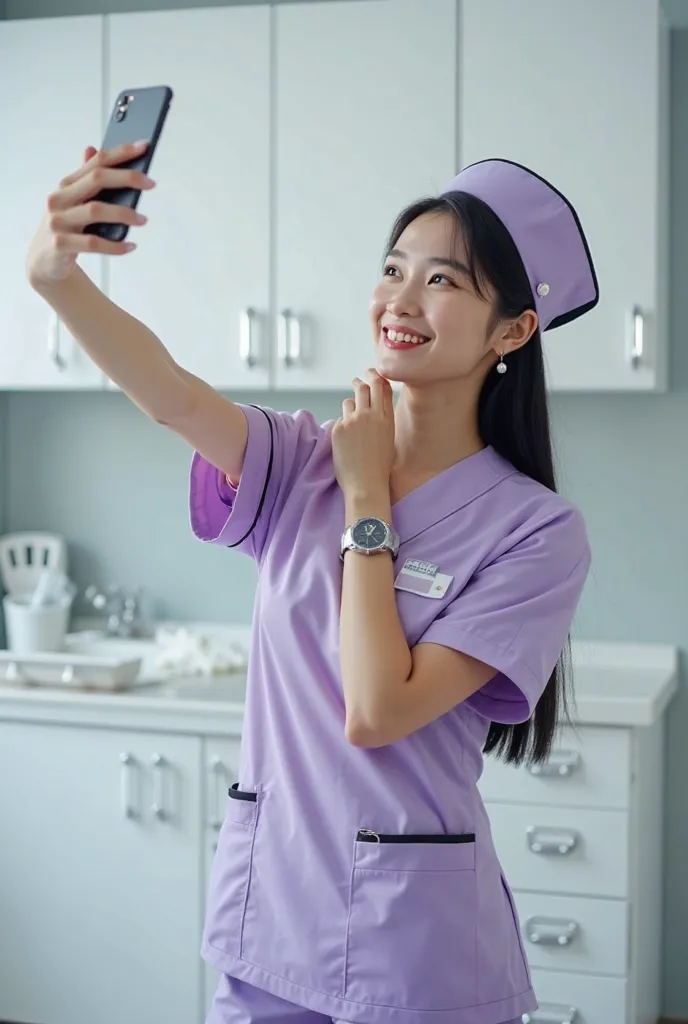 A young Asian woman nurse posing for a selfie in a clean, modern hospital room, wearing a light purple nurse uniform with short sleeves and a V-neck design, featuring a small badge or ID holder clipped to her chest. She has long, straight black hair neatly...