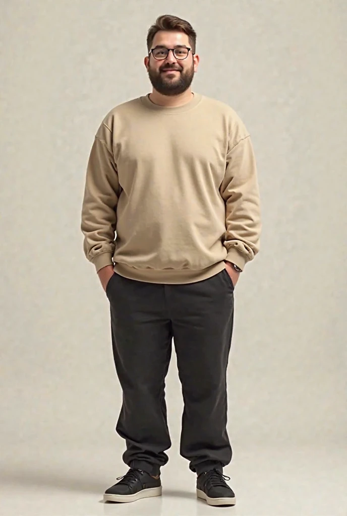 Short, slightly chubby, wearing a beige sweatshirt and black fabric pants, in his 20s A man with short brown hair and glasses Turkish in black sneakers