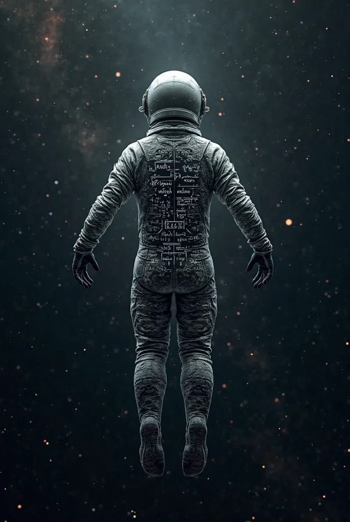 An astronaut floating in space with many mathematical equations on his back