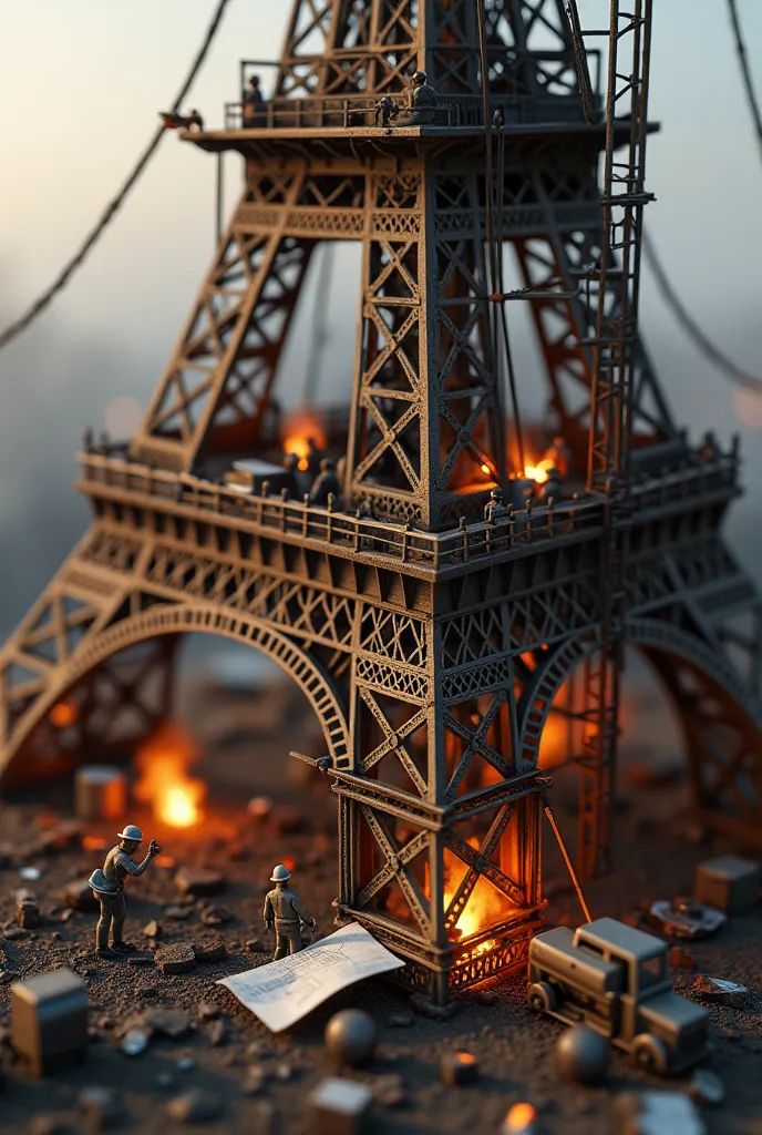  A breathtaking 3D reconstruction of the Eiffel Tower under construction, with tiny workers and miniature industrial machines actively assembling the iron framework. The scene captures intricate details—workers welding beams, cranes lifting metal sections,...