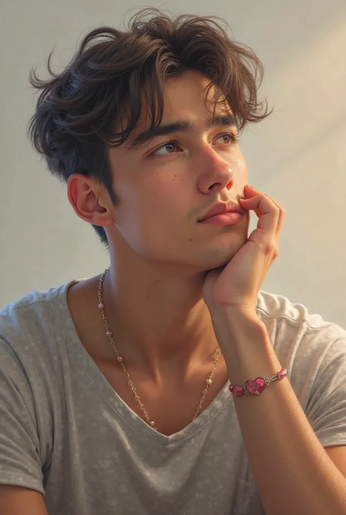 A young guy putting his hand on his chin while looking upwards towards his right