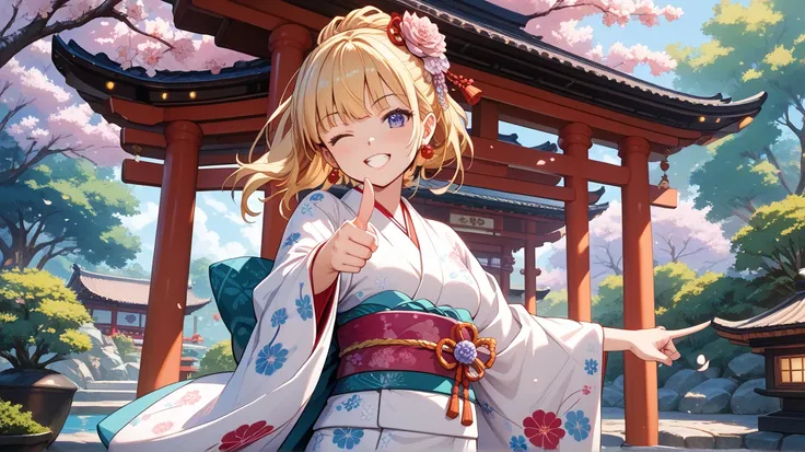 Make an image of a blond girl in a kimono winking and pointing at me