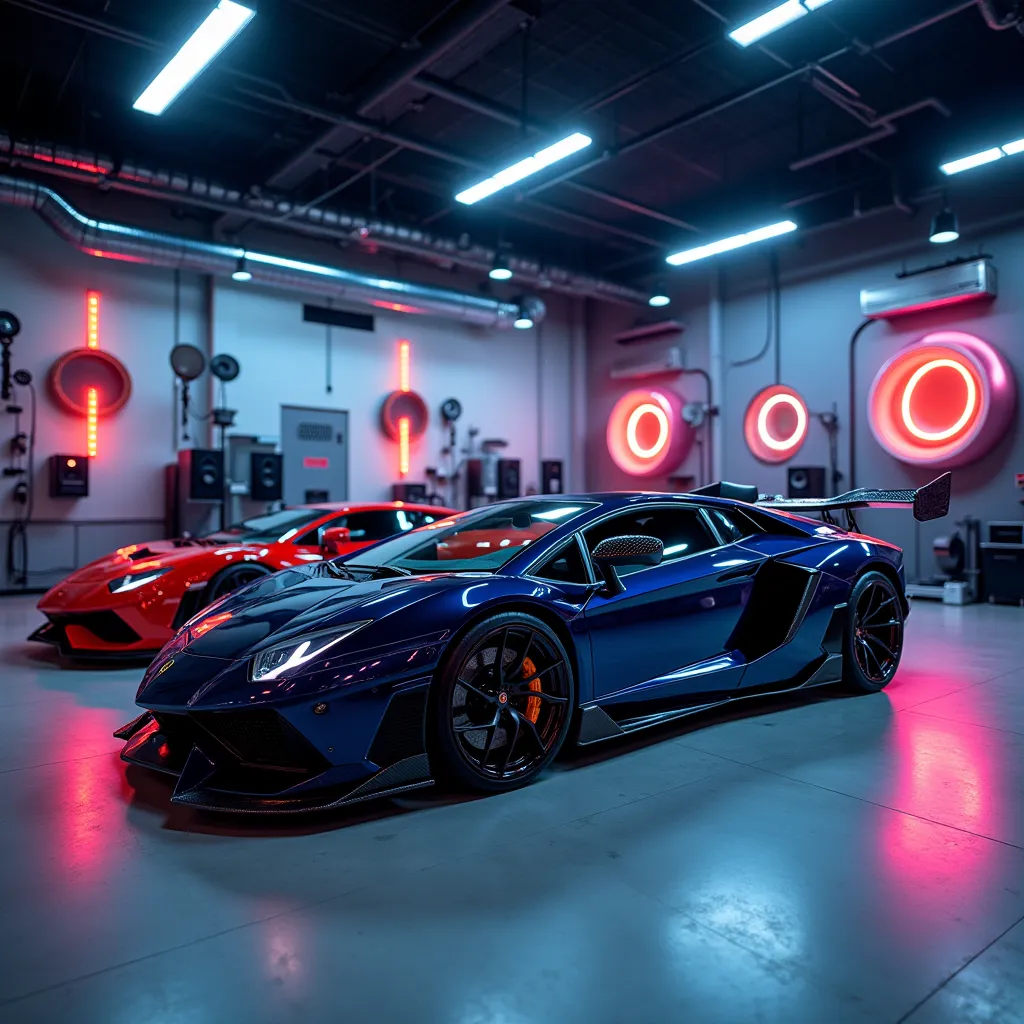 A professional showcase of custom vehicle sound systems, displayed in a modern showroom with neon highlights. Two modified sports cars are the main attraction, each equipped with high-performance audio components. Spotlights emphasize the sleek designs, an...