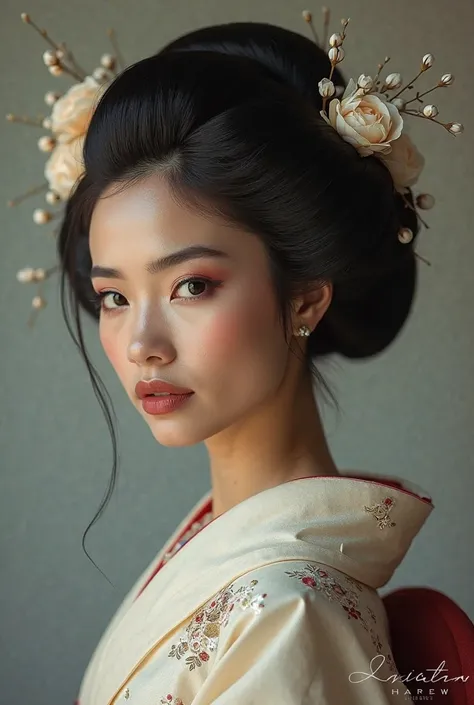 Latina with smooth hair, dressed as a geisha 