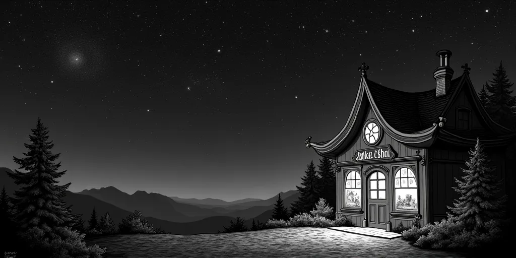 A black and white photo of the starry sky and written Zodiac Shop