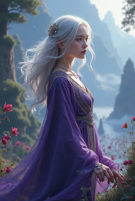 Silver-haired age girl, fantasy world, in purple clothing