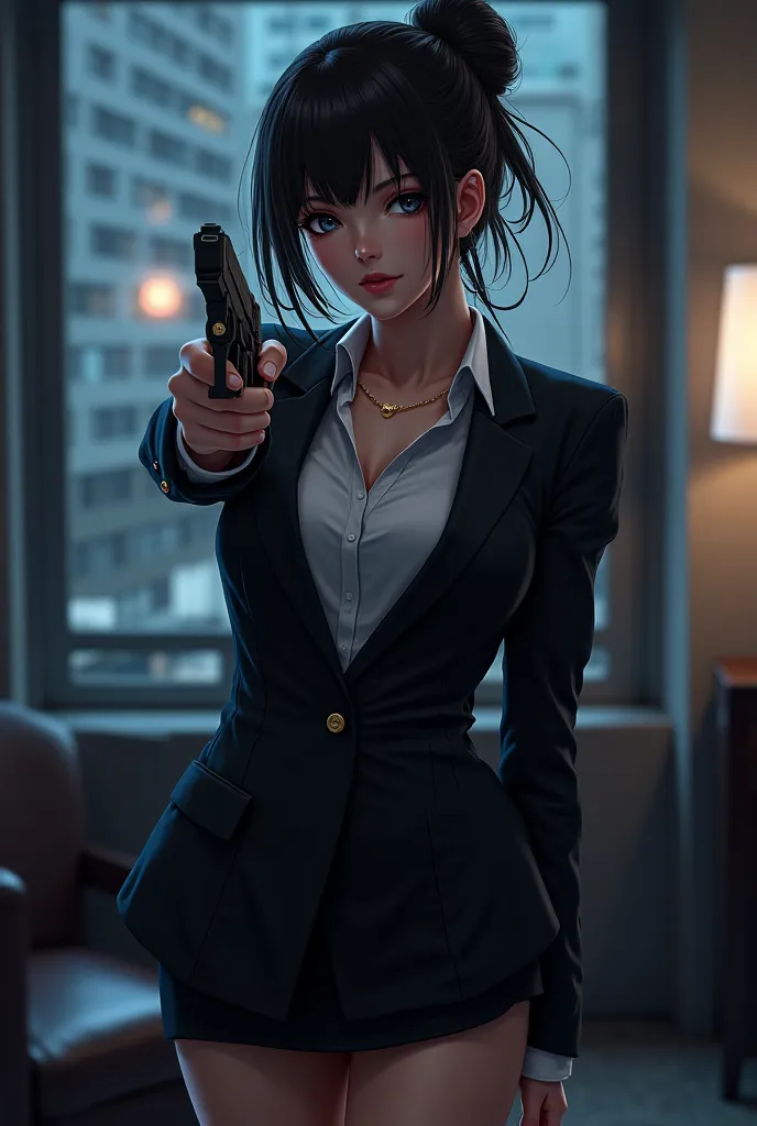 anime hot girl in suit and skirt with a gun long dark hair with a bun