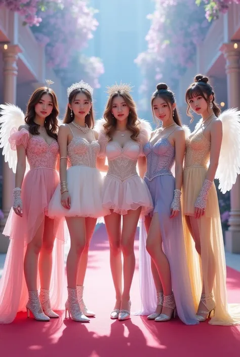 Create an image of the five SPHERE members standing elegantly on the red carpet at an award show, each wearing a unique pastel outfit that fits their **angelic concept**. They have **small white angel wings** on their backs and **light, cute makeup** to en...