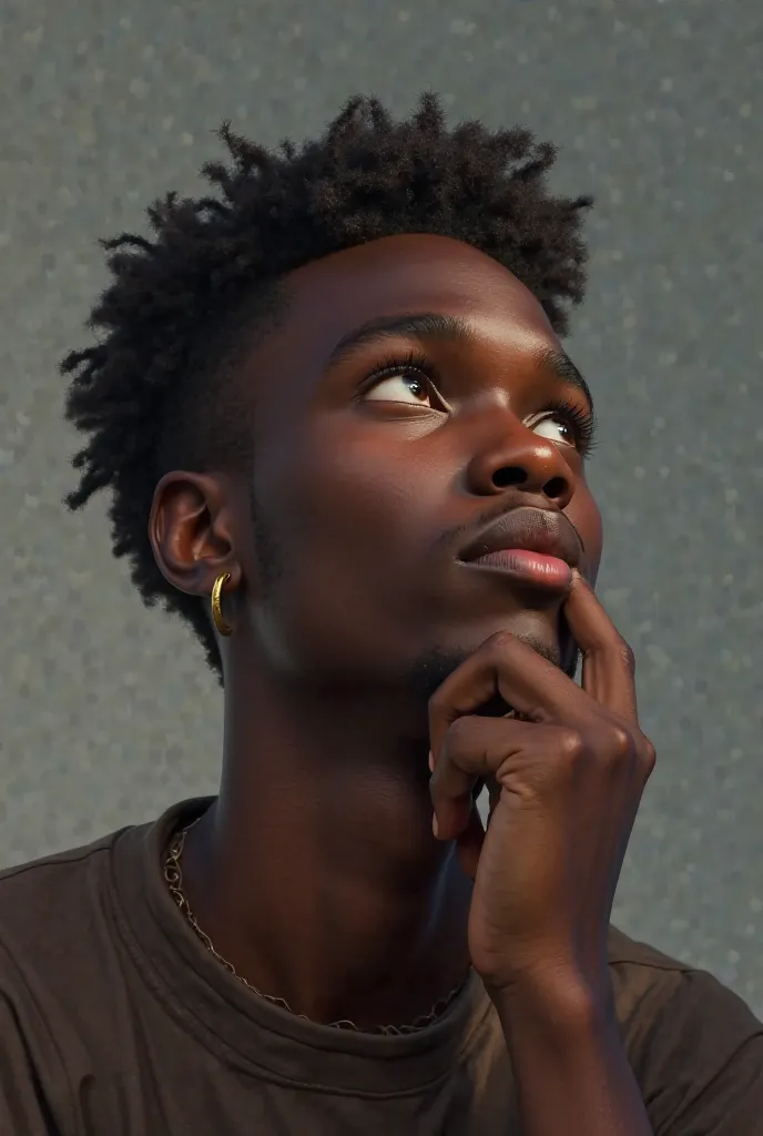 A young black guy putting his hand on his chin while looking upwards towards his right