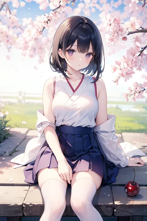 ((8k,Greatest Masterpiece,realistic images,Japanese,Perfect human anatomy,Complete Proximity,  girl )),from before, innocent face, gentle eyes,ish, short white tank top ,Short navy blue skirt, black hair, semi-long,noon, bright,Cherry Tree,Skirt that flutt...