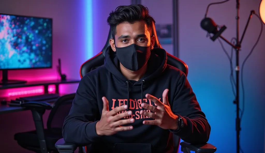 An Indian man sitting straight confidently on a modern
gaming chair in his YouTube studio. He is
wearing a bright Black hoodie with TECH SHASHANK
boldly printed on it. His face is COVID Mask 
and expressive. The man is gesturing with his hands, as
if expla...