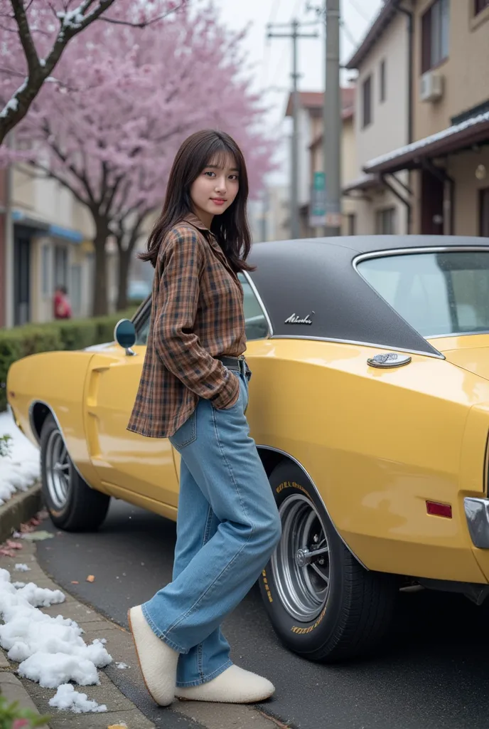 "A 22-year-old young woman with long, slightly wavy black hair. She is wearing a brown plaid shirt, loose-fitting blue jeans, and white fluffy house slippers, just like in the photo. She poses professionally like a model, exuding confidence and charisma in...