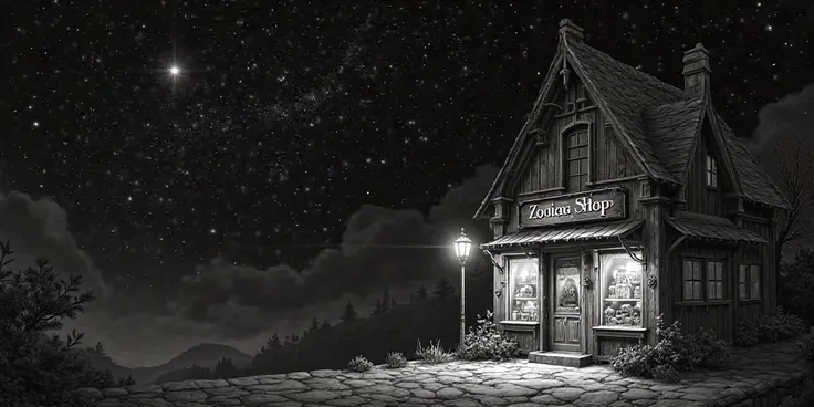 A black and white photo of the starry sky and written Zodiac Shop