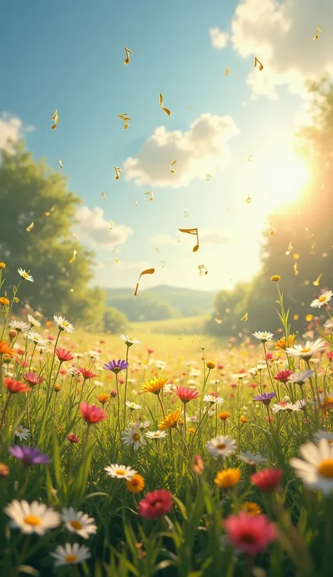 A vibrant meadow with colorful flowers, over which golden notes float, mixed with rays of light falling from a clear sky, a warm magical realism style