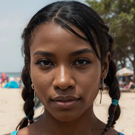 African black woman, very dark ebony skin, dreadlocks chignon, Fitness musclular body, street Beach, street wear, close-up portrait, from face