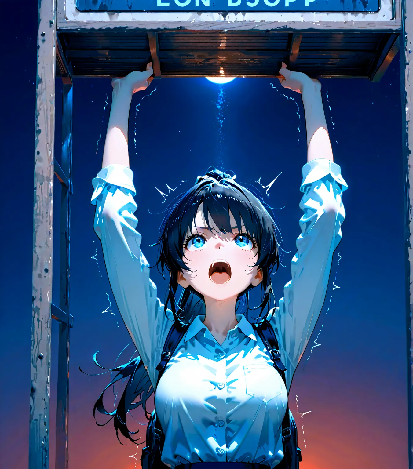  (masterpiece, Highest quality, great quality, detailed background, complicated details, is ridiculous, very aesthetic,blured background)
BREAK medium breasts,black ponytail,  black hair、beautiful woman,  black backpack,light blue eyes
BREAK 
BREAK busstop...