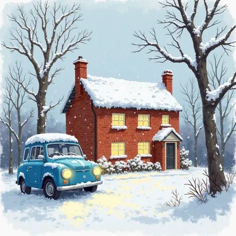 This image depicts a snowy winter scene: a cozy English red-brick house is covered in snow, with a warm yellow glow coming through the windows. A blue automobile is parked next to the house with its headlights on, as if it has just arrived. The scene is su...