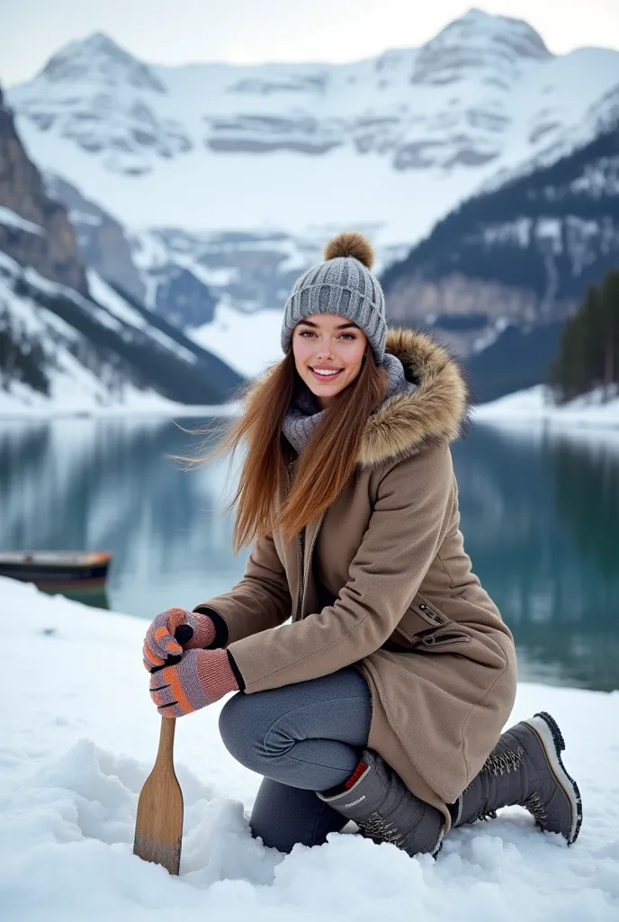 "She is standing "In the Swiss Alps , she is kneeling in fresh snow,  with majestic mountains in the background . The model wears a thick wool coat, thermal pants and snow boots, with a wool cap and colorful gloves. She's smiling as she makes a snowman,  H...