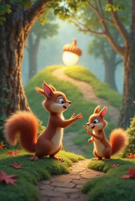 Make a 3d sister squirrel that stop his little brother from touching the glowing acorn top of the mystic hill