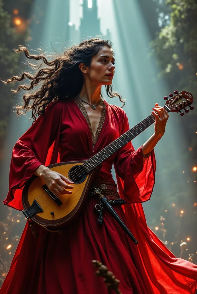 Dnd, fantasy art, epic art, elf bard, dark hair, full red bard attire, warrior bard, rapier and crossbows attached to hip, shredding on lute, magical lite, rock concert, guitar solo