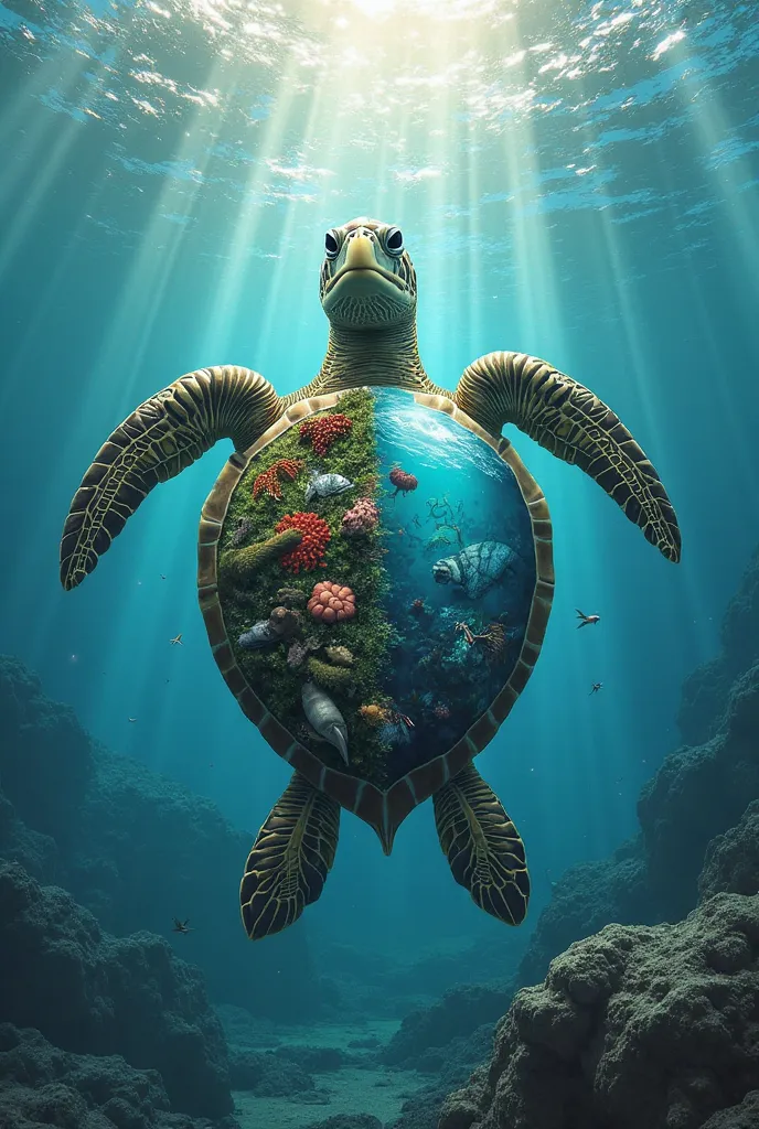 create an image of turtle, and inside of it is the positive and negative effects of SDG 14 Life Below Water 