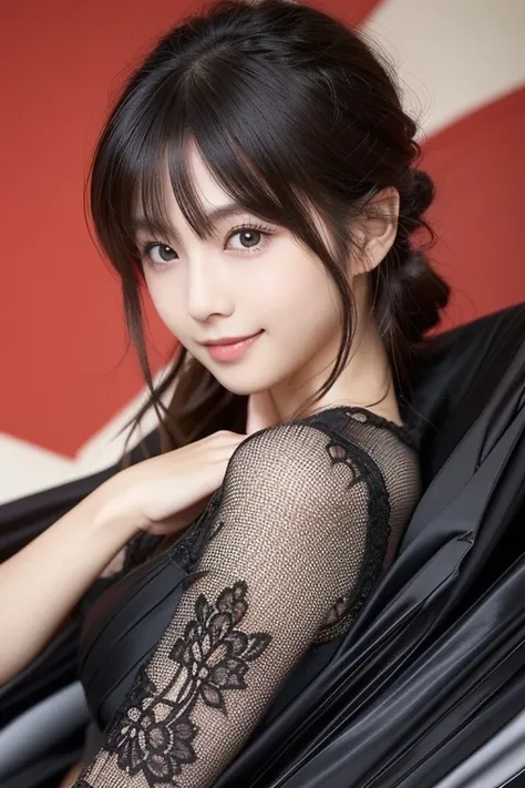 A Japanese model is wearing a black dress and posing for a photo, gorgeous dress ,  cute Japanese model ,   lace dress, looking at the camera、beautiful eyes in every detail 、 cute smile up to the knee、 Gentle and gentle expression  