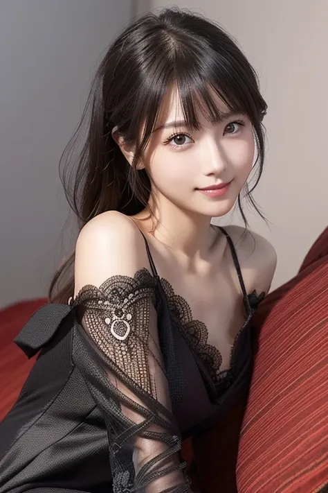 A Japanese model is wearing a black dress and posing for a photo, gorgeous dress ,  cute Japanese model ,   lace dress, looking at the camera、beautiful eyes in every detail 、 cute smile up to the knee、 Gentle and gentle expression  