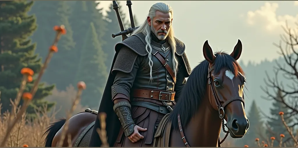 IMAGE D4UN CLERC DU DOMAINE DE LA RUSE DONT LE DIEU EST LOKI ET AYANT LES CHEVEUX BLANC ET LES YEUX ORANGES-NOIRS en cuirasee et en pantalon ,dans le style de Geralt de Riv dans the witcher homme et on doit le voir en entier: ajoute un effet de magie venan...