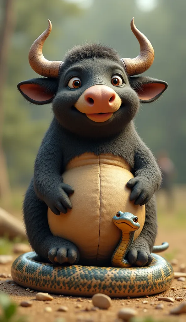 draw me a giant belly buffalo with a round belly, smiling sitting back on a cute little snake with cute fingers laughing happily while in real 3D style