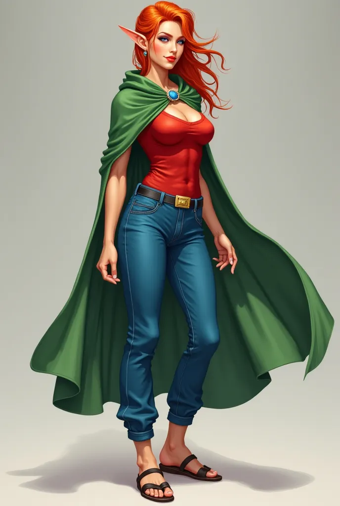 A female elf can also saber but doesn't use it because her magic medium is moderate she uses her ears are spiced she has blue pants and a green cape she has Normla big breasts and wears a T-shirt in red wears sandals