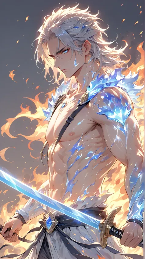 Beautiful man、Strong carcass、The background is burning with Yamata no Orochi and the flames of blue light、QINGA BASE TONE、 beautiful body、Fighting with swords、 armed、hero、 Fantastic、A face with a sense of transparency、Adult features