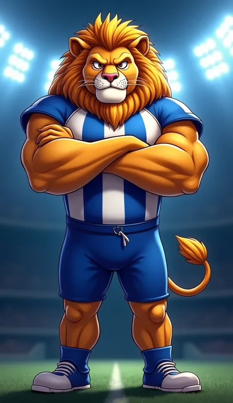 A digital illustration of a lion mascot, with a muscular and imposing physique, standing tall with arms crossed, showing a fierce and confident expression. The lion has a rich golden mane, intense eyes, and sharp facial features. It wears a blue and white ...