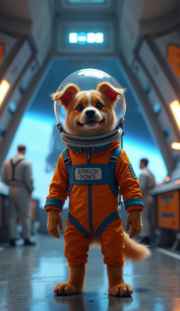 "A brave brown dog, Cosmo, wearing a sleek space suit and a helmet, stands inside a space station ready for launch. Scientists and engineers are bustling around, checking equipment. Cosmo looks excited and determined, wagging his tail as the countdown begi...