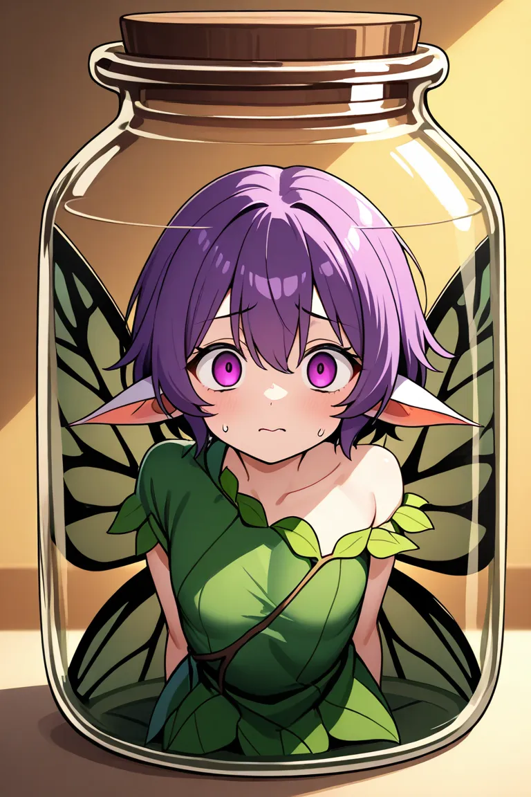  1 girl, short hair, smoothed hair, purple hair,  fairy wings, whole body in a jar, anime looks at the viewer, green dress, leaf dress,  clothing brkend , slim body, big chest,  in the room, in a glass jar , crumpled wings,  sharp ears, big jar for her, ti...