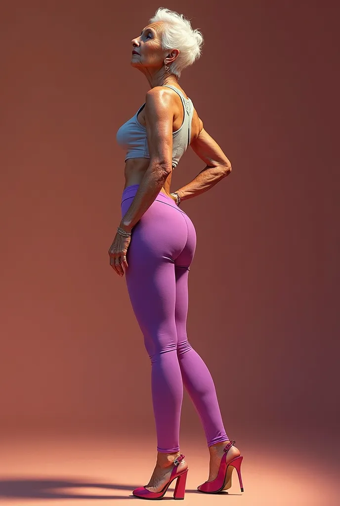 80-year-old woman showing her ass with lilac leggings wearing high heels 