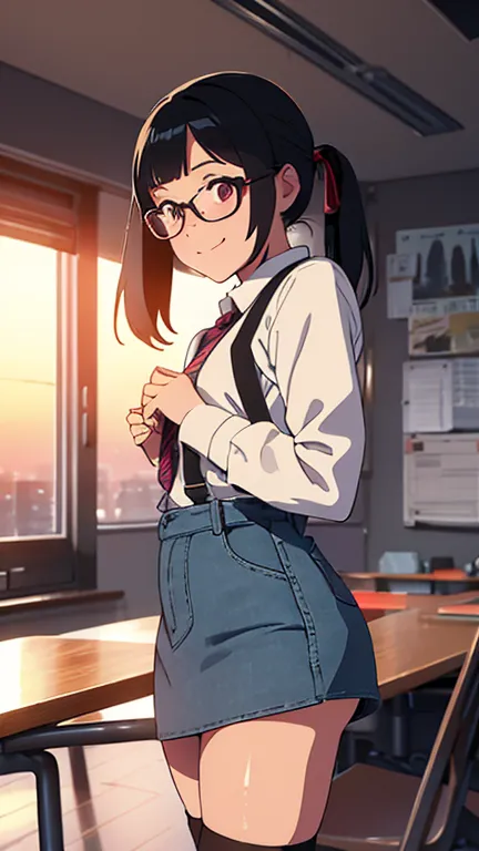 (  Super Flats , flat shading )， Fisheye ， student council president ， naked，Really blushing，sweat，surely:I came violently  :1.2，， Standing on the ground、is bothered by the low denim miniskirt right in front of me，Colorful Stockings，Long sleeve print t-shi...