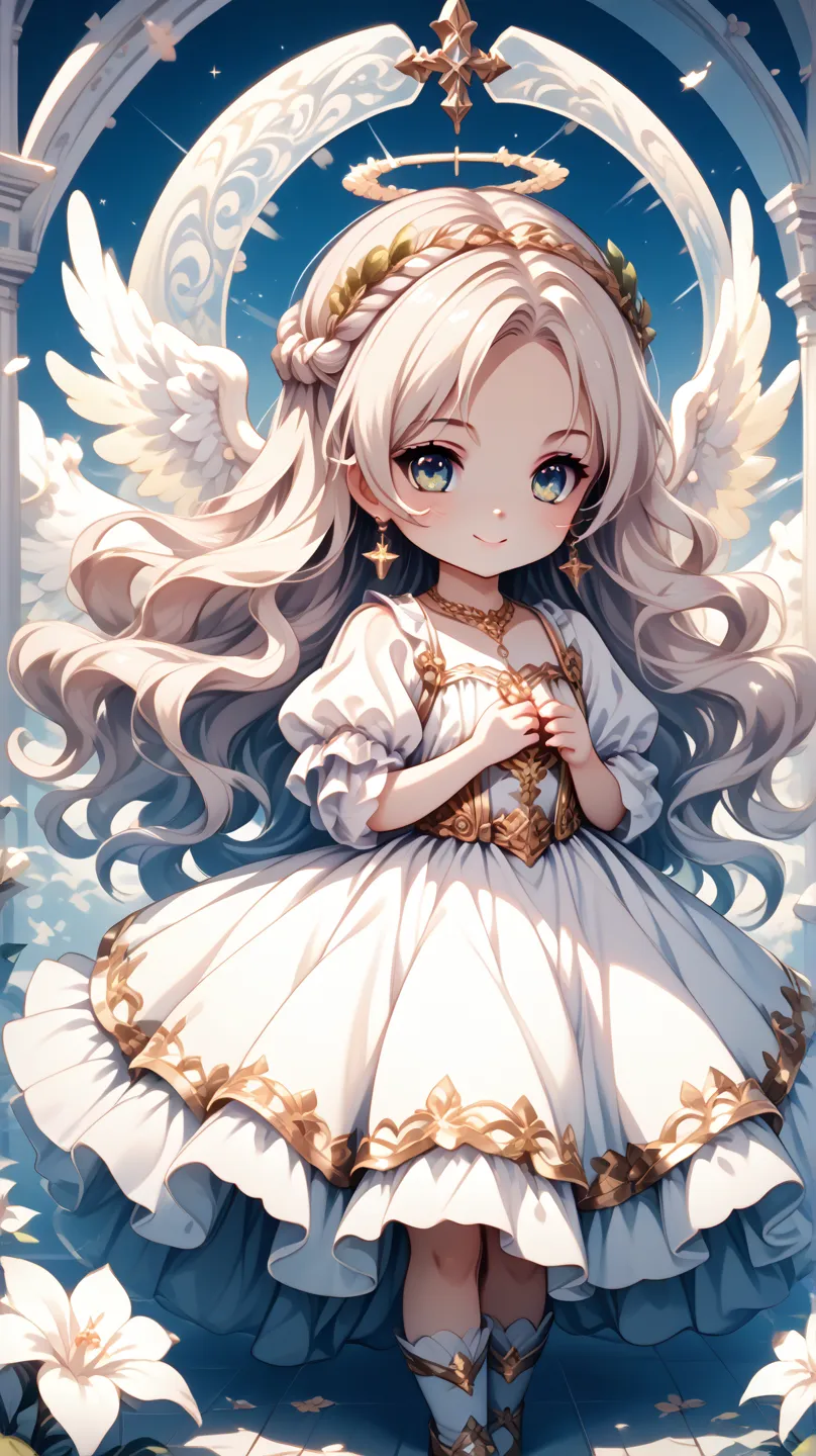 1 girl, Angel、white dress, upskirt,  chibi