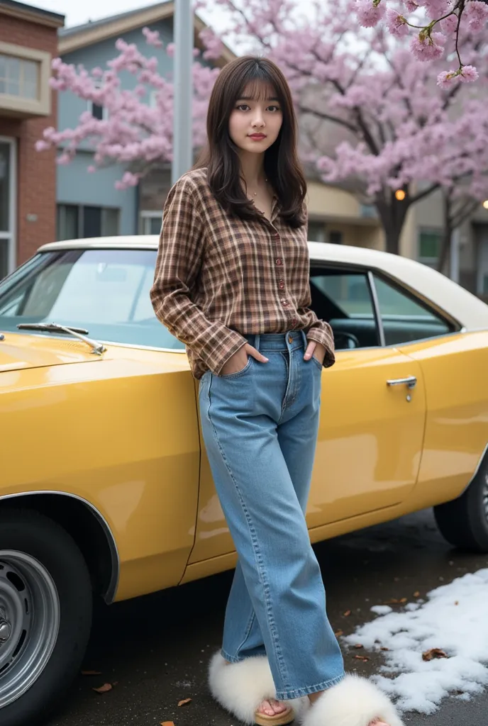 "A 22-year-old young woman with long, slightly wavy black hair. She is wearing a brown plaid shirt, loose-fitting blue jeans, and white fluffy house slippers, just like in the photo. She poses professionally like a model, exuding confidence and charisma in...