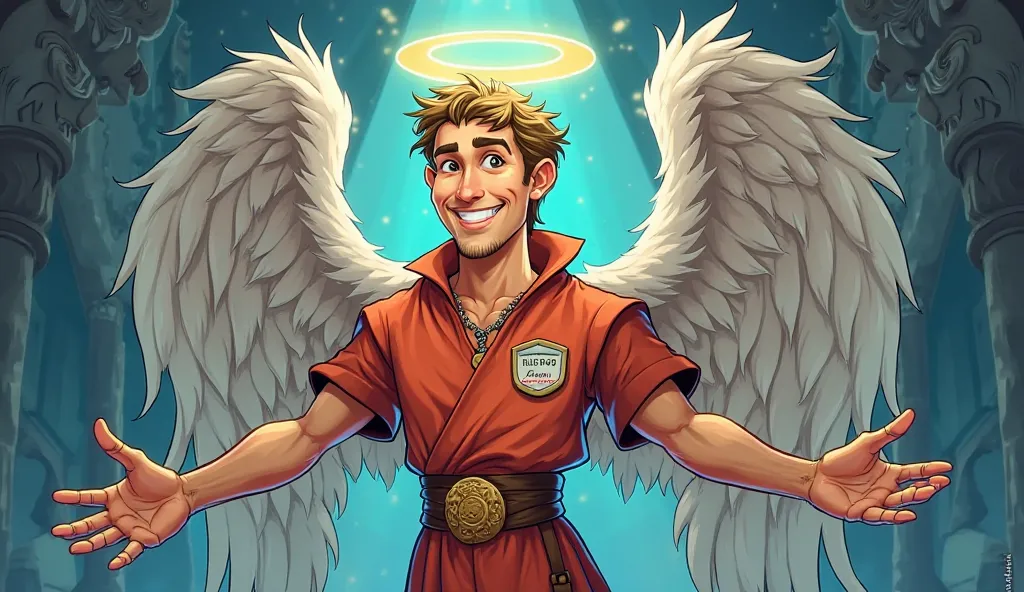 Archangel Azrael as a friendly guide at the gates of the afterlife, wearing a welcoming smile and a 'Tour Guide' badge, cartoon-style illustration with exaggerated features, humorous expressions, cartoon caricature illustration or comic-style animation