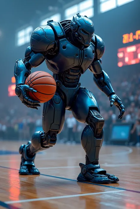 futuristic robo beast, basketball player beast, color:dark blue, basketball court