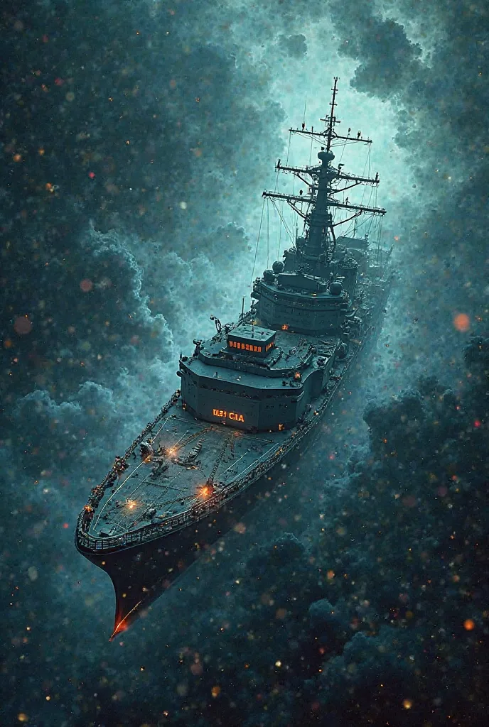 The USS Eldridge in the middle of an inexplicable phenomenon. Parts of the ship begin to disappear and reappear in different positions, as if being sucked into another dimension. The scene has a broken glass effect in space,  as if time were being manipula...