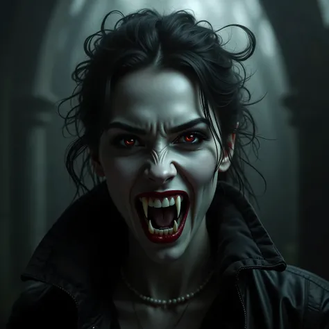 Dark Fantasy Art of Diffused Light fill light
a vampire woman with vampire's fangs teeth with a creepy face and a creepy hair vampire style
dark, moody, dark fantasy style