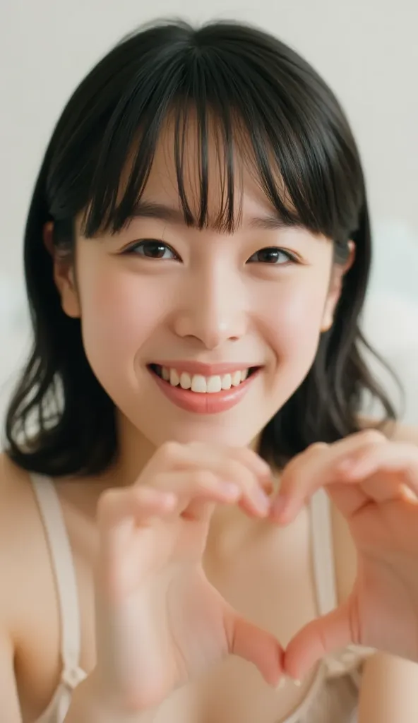 She wears a camisole, makes a heart shape with both hands, and poses in front of her chest, Close-up shot of winking and smiling