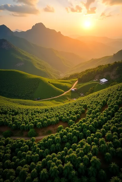 A wide shot of a coffee plantation in Angola at sunrise or sunset. Aerial photography or perspective, show scale.