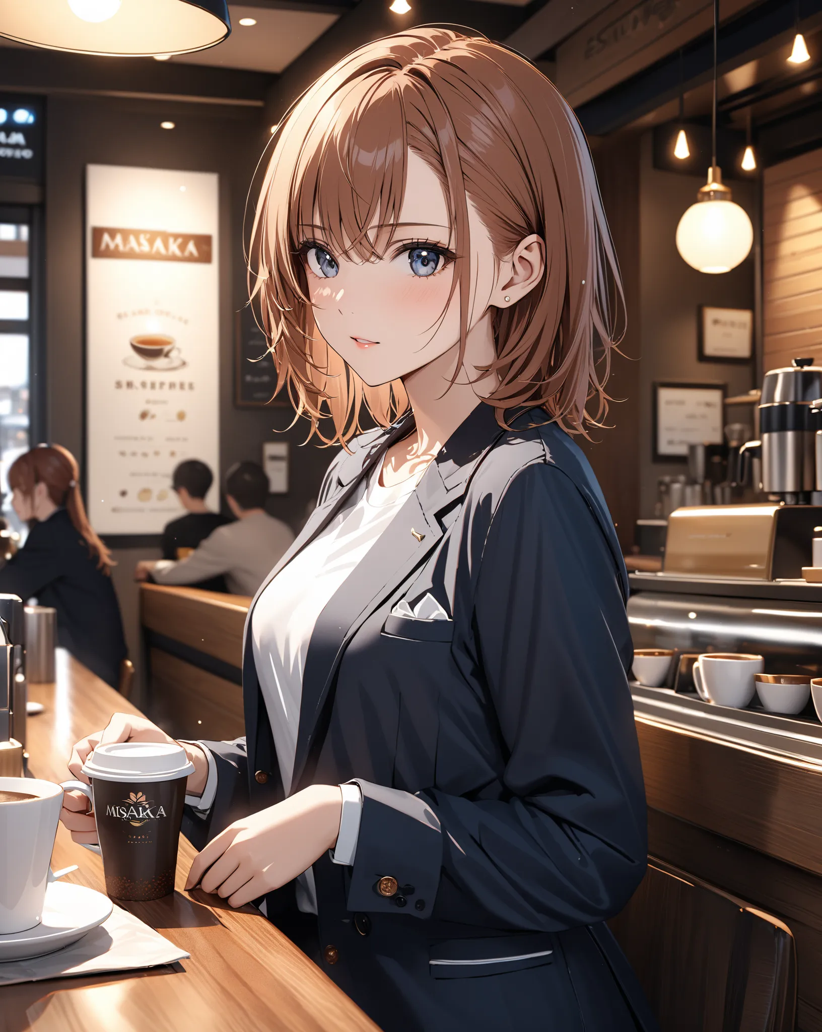  coffee shop, Black tea, Waiting for someone, ( Misaka Mikoto), masterpiece, highest quality, UHD, retina, masterpiece, accurate anatomy, super detailed, high quality, best quality, 8k