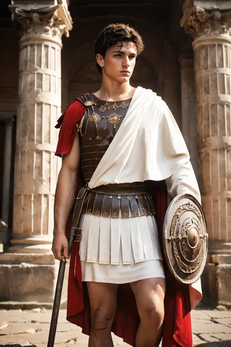 Masterpiece, high quality, best quality, authentic, super detail, detailed, intricate details, showing a young roman male soldier, 18 y/o with spear and shield- He is very beautiful, muscular, handsome, well-shaped, erotic and irresistible. His pose is if ...