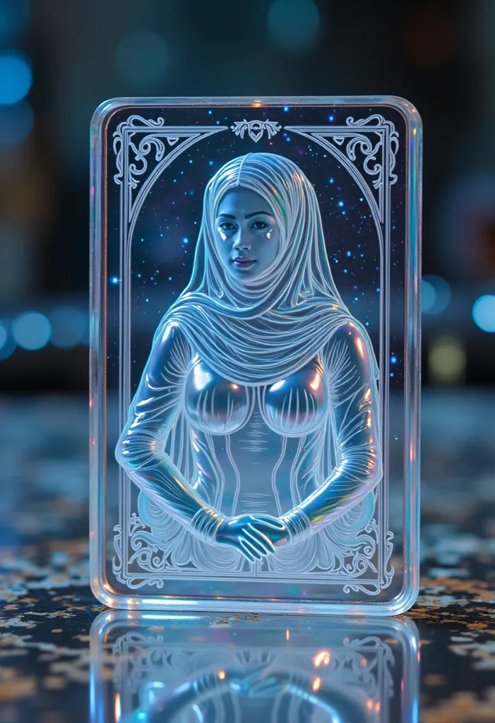 a close up of a transparent crystal playing card that depicts the busty hijab queen in transparent color, lying horizontally on a table, holographic artifacts etched into the card, iridescent specular highlights, it has iridescent membranes, The Gathering ...