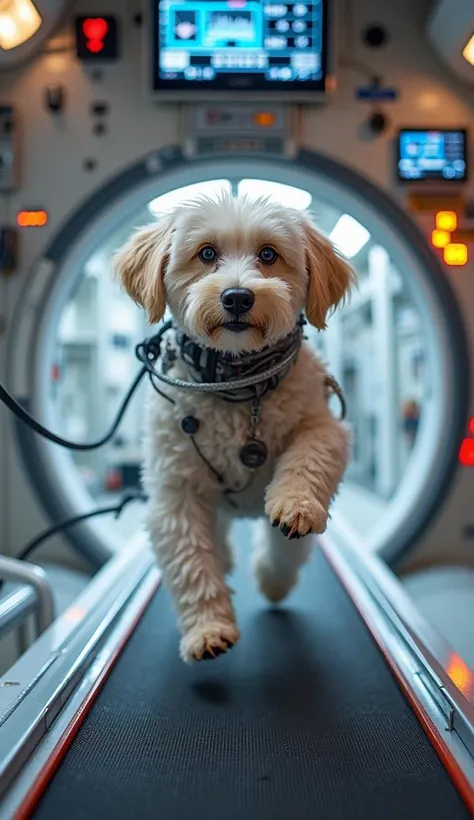 "Cosmo, the dog astronaut, runs on a specially designed treadmill in the weightless environment of space. His paws float as he keeps his muscles active, performing a daily routine to monitor his health in zero gravity. The treadmill is attached to the spac...